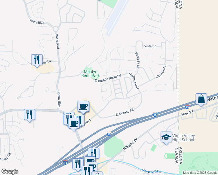 map of restaurants, bars, coffee shops, grocery stores, and more near 467 Mesa Boulevard in Mesquite