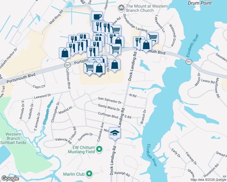 map of restaurants, bars, coffee shops, grocery stores, and more near 4020 Lisas Cove Way in Chesapeake