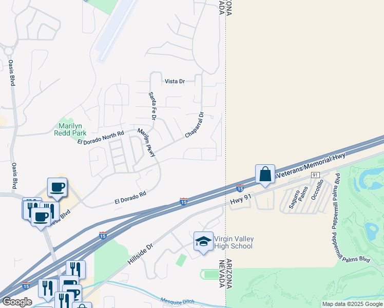 map of restaurants, bars, coffee shops, grocery stores, and more near 825 Mesa Boulevard in Mesquite