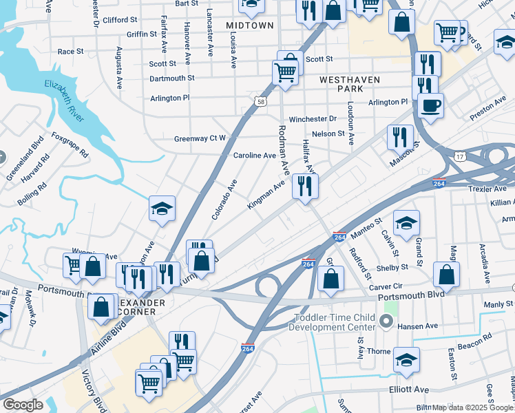 map of restaurants, bars, coffee shops, grocery stores, and more near 104 Utah Street in Portsmouth