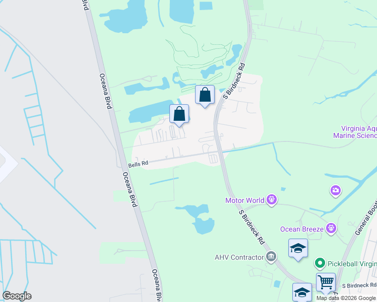 map of restaurants, bars, coffee shops, grocery stores, and more near 1216 Bells Road in Virginia Beach