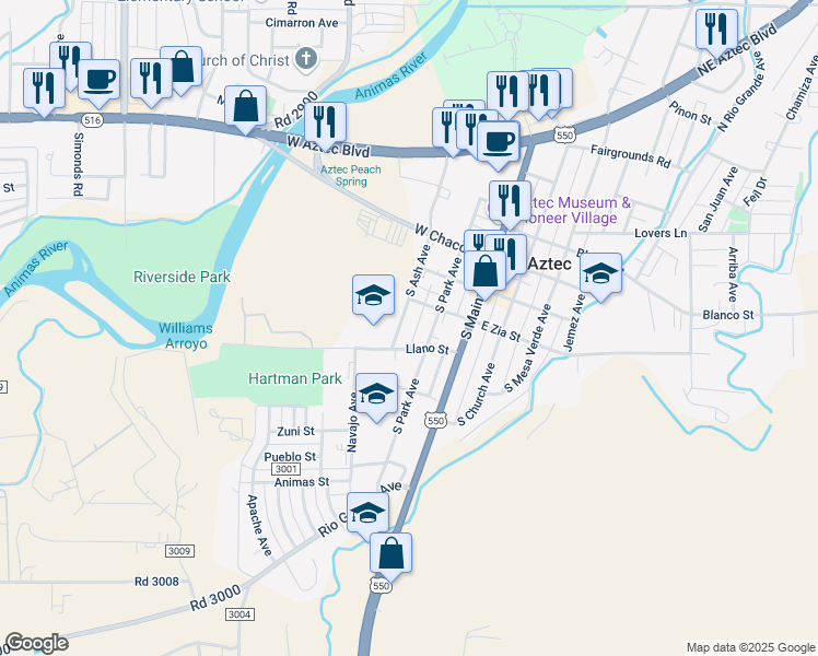 map of restaurants, bars, coffee shops, grocery stores, and more near 301-399 S Ash St in Aztec