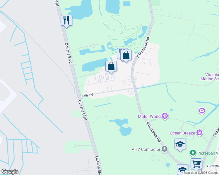 map of restaurants, bars, coffee shops, grocery stores, and more near 1273 Credle Road in Virginia Beach