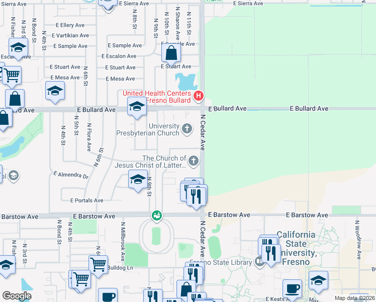 map of restaurants, bars, coffee shops, grocery stores, and more near 1776 East Roberts Avenue in Fresno