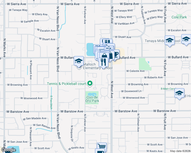 map of restaurants, bars, coffee shops, grocery stores, and more near 2125 West Juliet Way in Fresno
