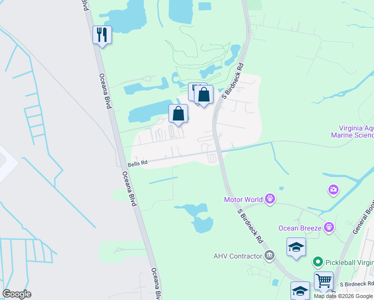 map of restaurants, bars, coffee shops, grocery stores, and more near 1216 Bells Road in Virginia Beach