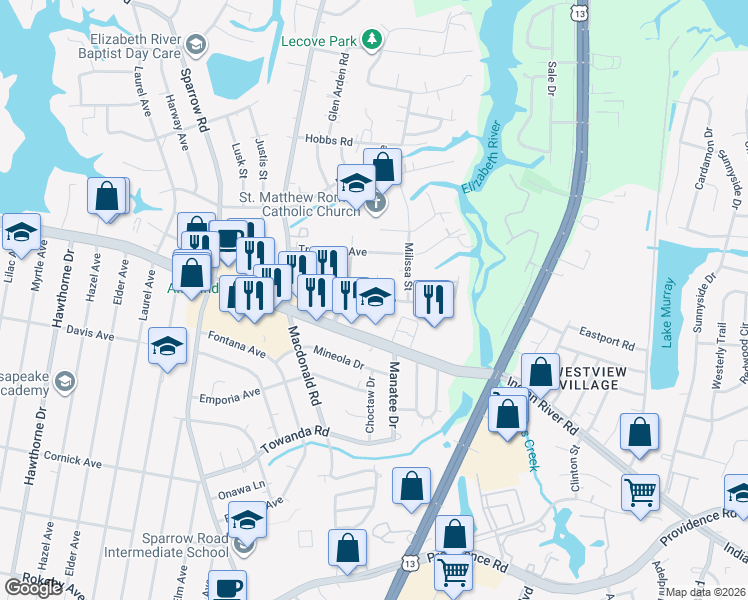 map of restaurants, bars, coffee shops, grocery stores, and more near 1016 Sherry Avenue in Virginia Beach