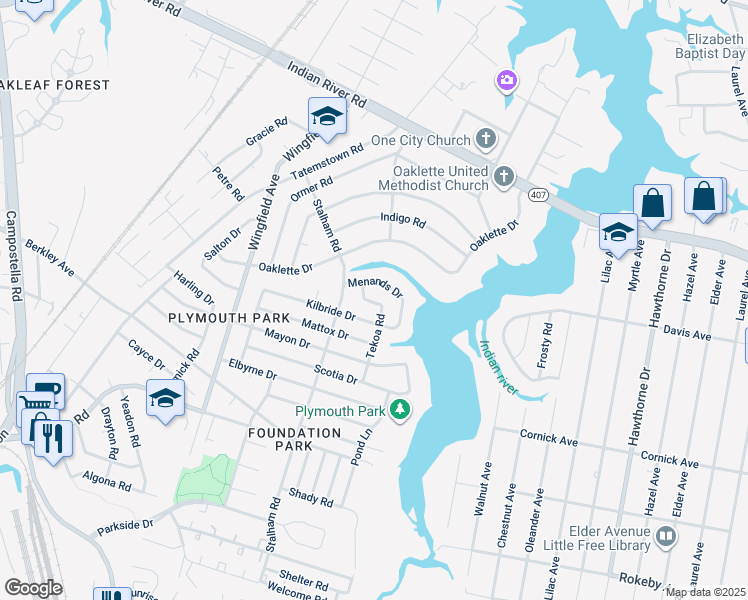 map of restaurants, bars, coffee shops, grocery stores, and more near 3004 Menands Drive in Chesapeake