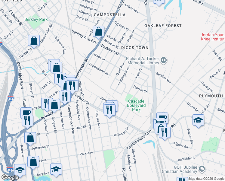 map of restaurants, bars, coffee shops, grocery stores, and more near 838 Partridge Avenue in Chesapeake