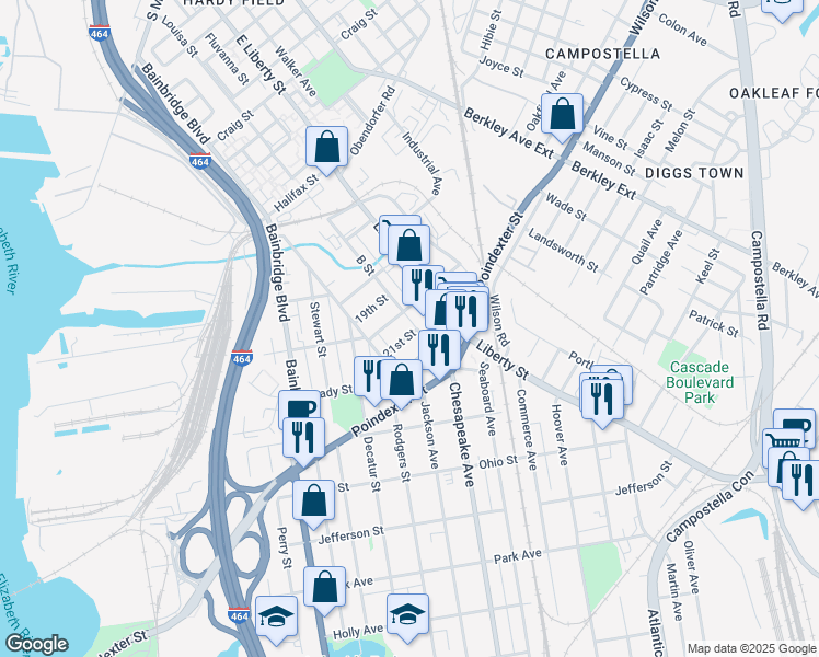 map of restaurants, bars, coffee shops, grocery stores, and more near 1324 20th Street in Chesapeake