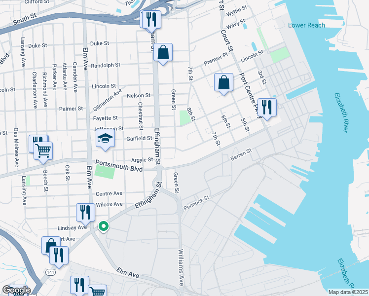 map of restaurants, bars, coffee shops, grocery stores, and more near 808 Madison Street in Portsmouth