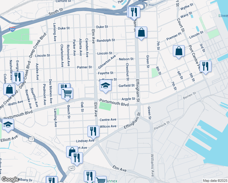 map of restaurants, bars, coffee shops, grocery stores, and more near 2408 Peach Street in Portsmouth