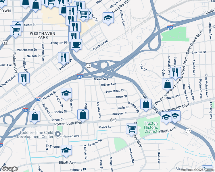 map of restaurants, bars, coffee shops, grocery stores, and more near 3320 Killian Avenue in Portsmouth