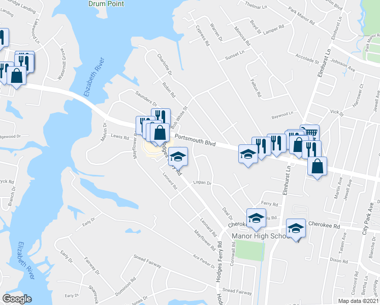 map of restaurants, bars, coffee shops, grocery stores, and more near 104 Hodges Manor Road in Portsmouth