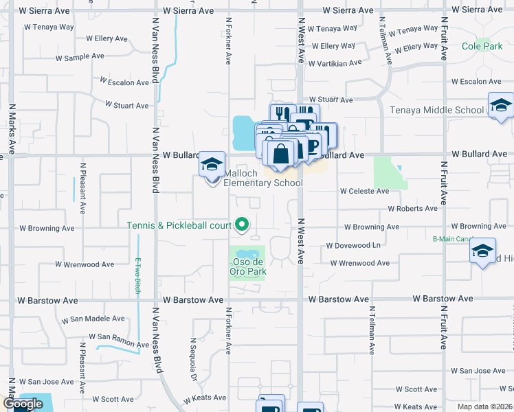 map of restaurants, bars, coffee shops, grocery stores, and more near 2125 West Juliet Way in Fresno