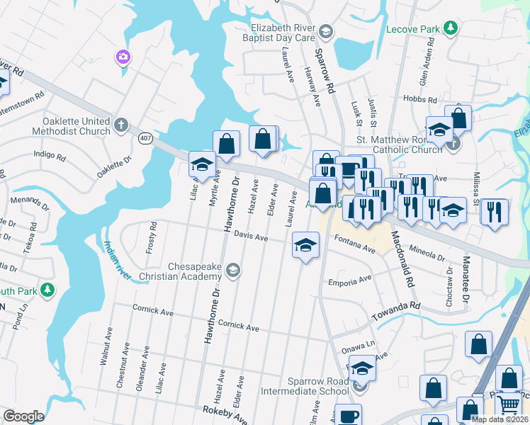 map of restaurants, bars, coffee shops, grocery stores, and more near 1122 Hazel Avenue in Chesapeake