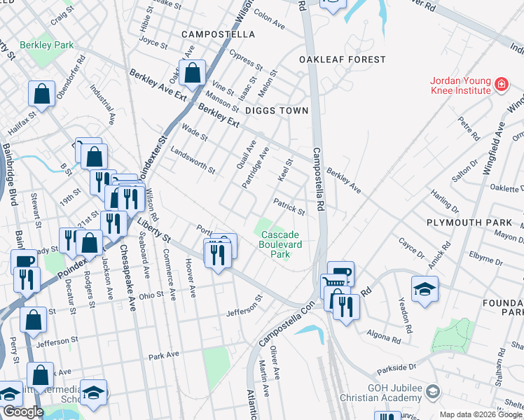 map of restaurants, bars, coffee shops, grocery stores, and more near 801 Westgate Street in Chesapeake
