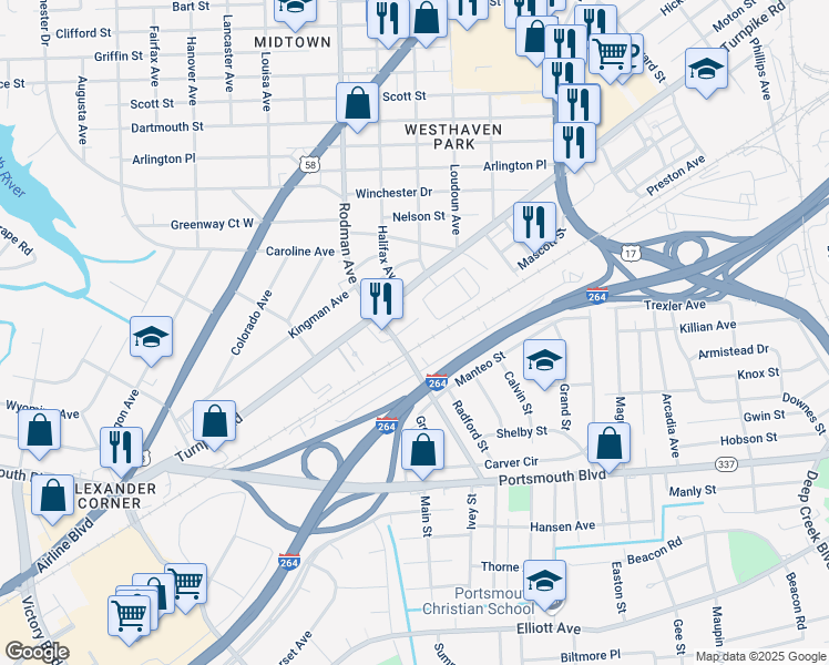 map of restaurants, bars, coffee shops, grocery stores, and more near 3607 Gum Drive in Portsmouth