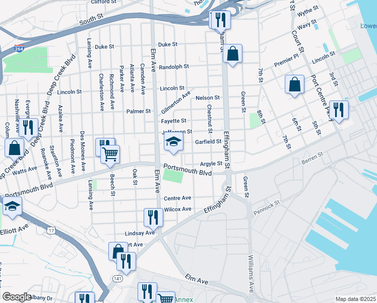 map of restaurants, bars, coffee shops, grocery stores, and more near 2408 Peach Street in Portsmouth
