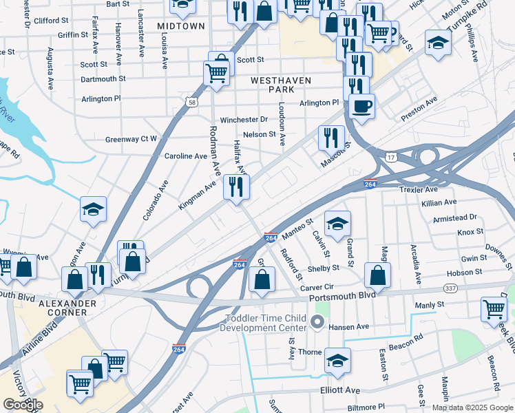 map of restaurants, bars, coffee shops, grocery stores, and more near 3605 Gum Drive in Portsmouth