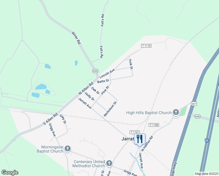map of restaurants, bars, coffee shops, grocery stores, and more near 301 Pine Street in Jarratt