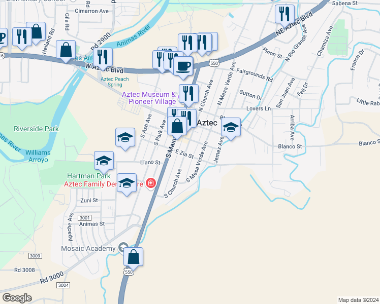 map of restaurants, bars, coffee shops, grocery stores, and more near 218 South Church Avenue in Aztec