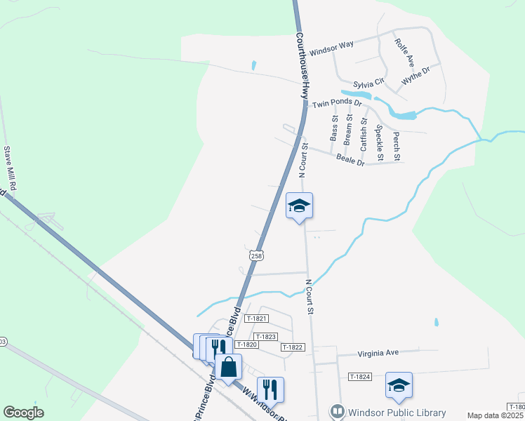 map of restaurants, bars, coffee shops, grocery stores, and more near 23352 U.S. 258 in Windsor