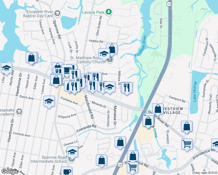 map of restaurants, bars, coffee shops, grocery stores, and more near 1016 Sherry Avenue in Virginia Beach
