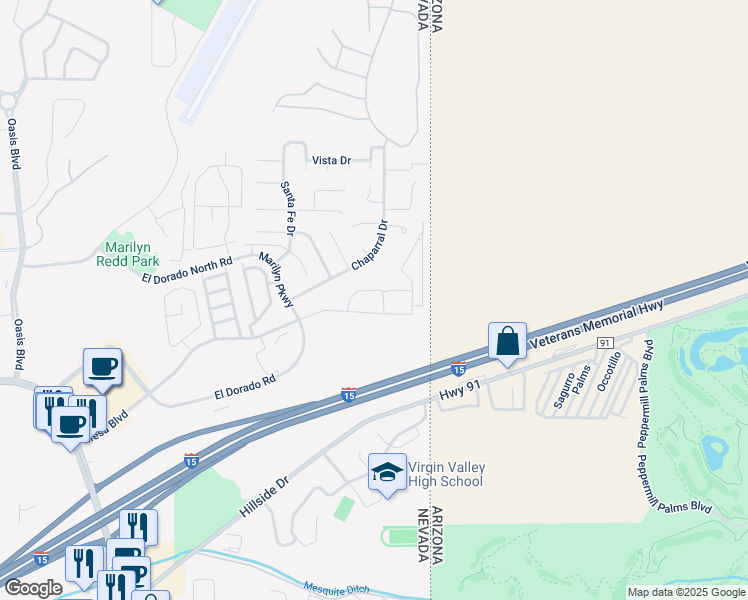 map of restaurants, bars, coffee shops, grocery stores, and more near 853 Mesa Boulevard in Mesquite