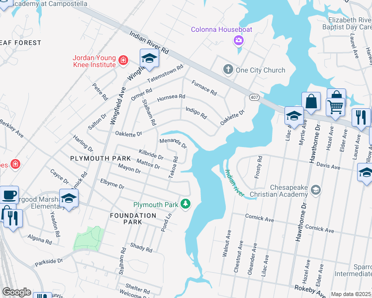 map of restaurants, bars, coffee shops, grocery stores, and more near 3014 Yakima Road in Chesapeake