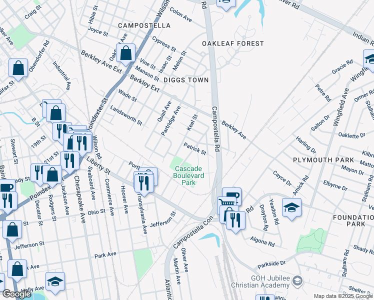 map of restaurants, bars, coffee shops, grocery stores, and more near 1014 Cascade Boulevard in Chesapeake