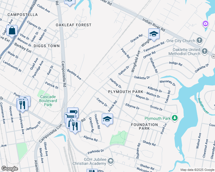 map of restaurants, bars, coffee shops, grocery stores, and more near 2502 Mayon Drive in Chesapeake