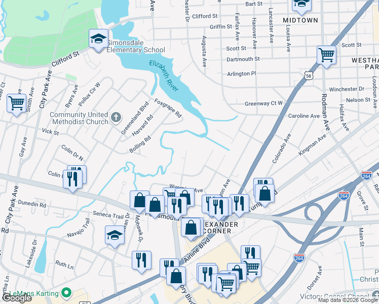 map of restaurants, bars, coffee shops, grocery stores, and more near 1 California Avenue in Portsmouth
