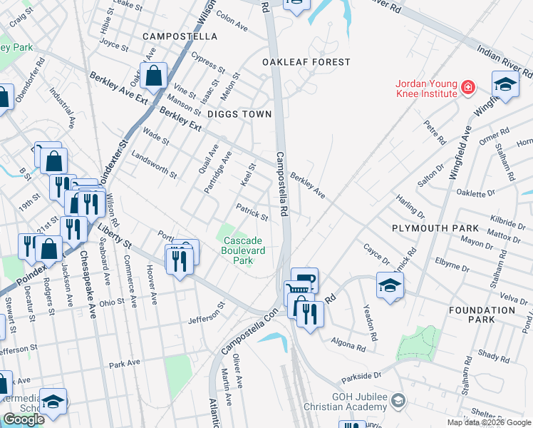 map of restaurants, bars, coffee shops, grocery stores, and more near 919 Oldwood Street in Chesapeake