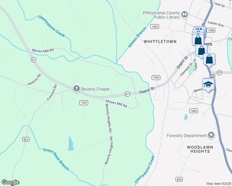 map of restaurants, bars, coffee shops, grocery stores, and more near 448 Callands Road in Chatham