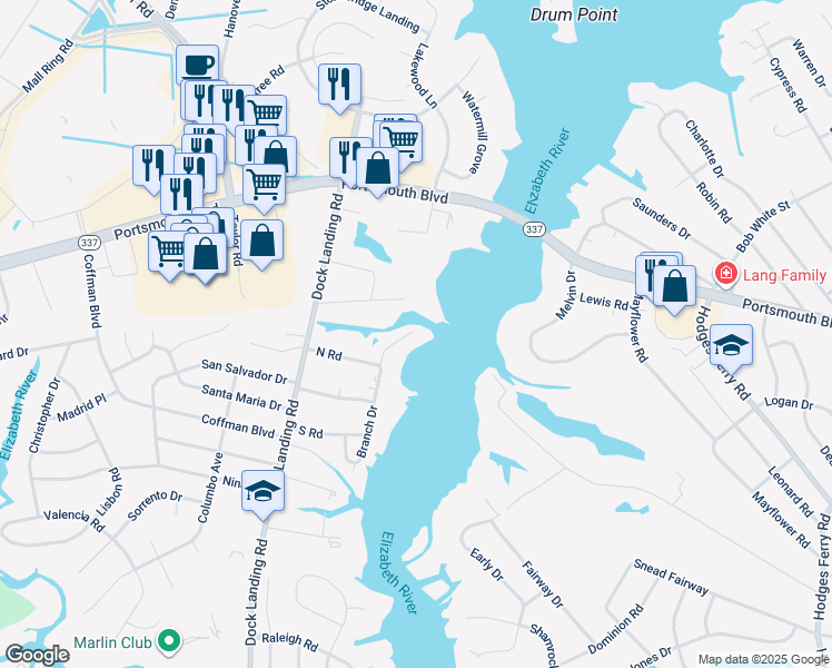 map of restaurants, bars, coffee shops, grocery stores, and more near 2277 Branch Drive in Chesapeake