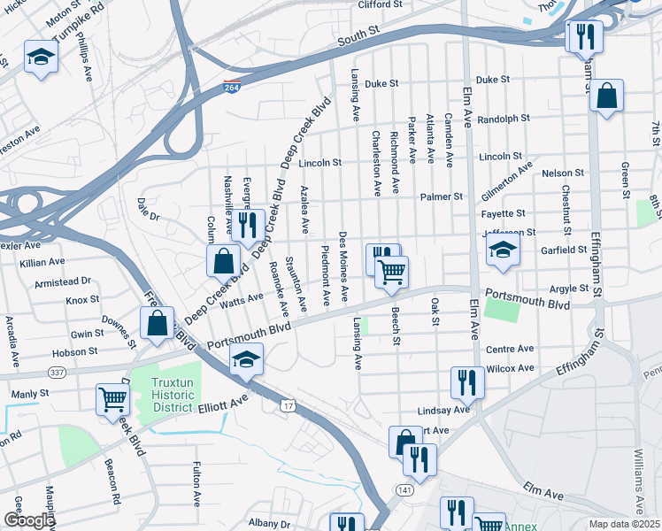 map of restaurants, bars, coffee shops, grocery stores, and more near 2411 Piedmont Avenue in Portsmouth