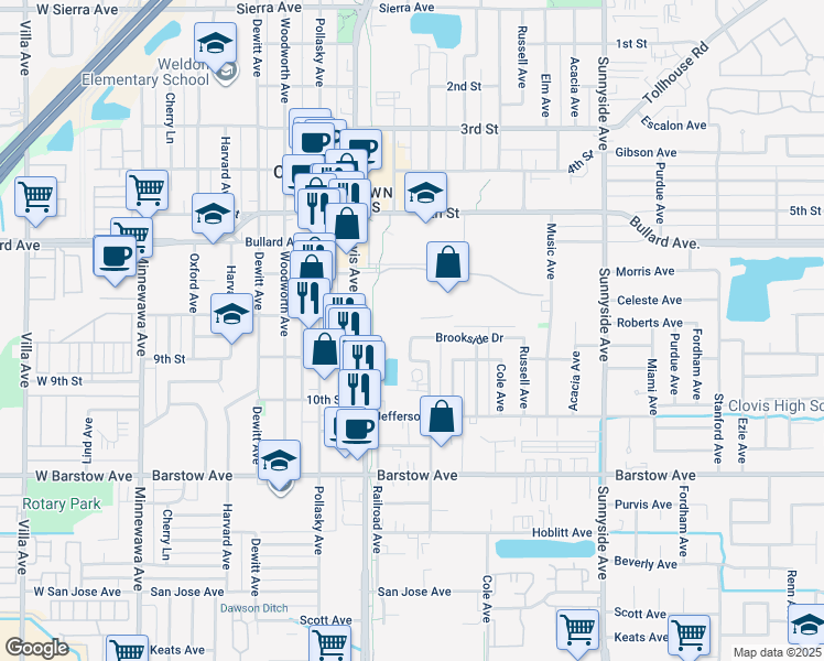 map of restaurants, bars, coffee shops, grocery stores, and more near 831 Brookside Drive in Clovis
