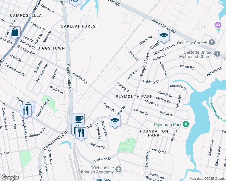 map of restaurants, bars, coffee shops, grocery stores, and more near 2501 Mayon Drive in Chesapeake