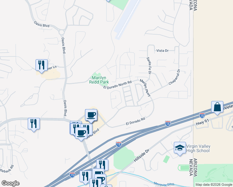 map of restaurants, bars, coffee shops, grocery stores, and more near 725 Mesa View Street in Mesquite