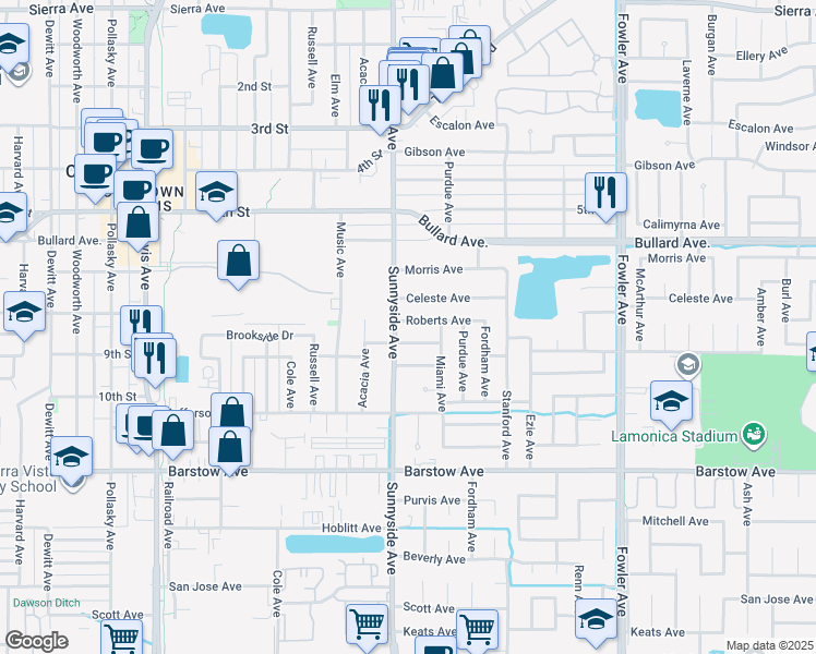 map of restaurants, bars, coffee shops, grocery stores, and more near 784 Sunnyside Avenue in Clovis