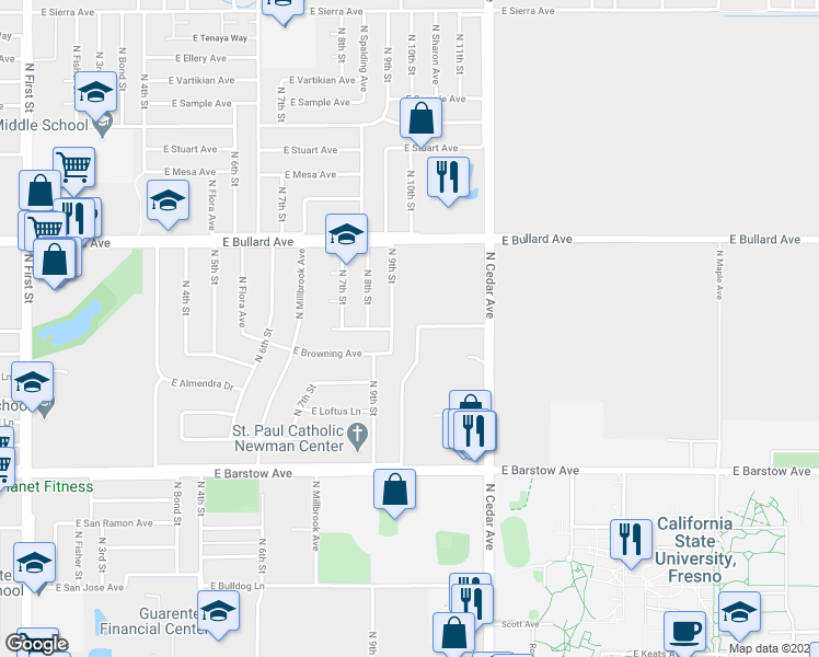 map of restaurants, bars, coffee shops, grocery stores, and more near 1674 East Roberts Avenue in Fresno