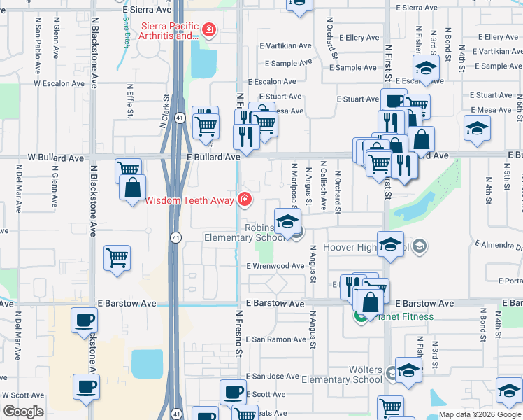map of restaurants, bars, coffee shops, grocery stores, and more near 5660 North Anna Street in Fresno