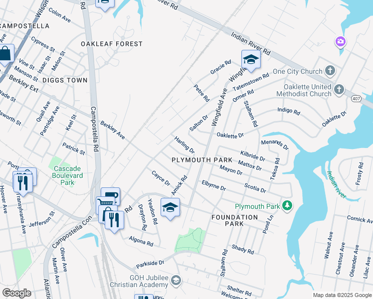 map of restaurants, bars, coffee shops, grocery stores, and more near 2608 Harling Drive in Chesapeake