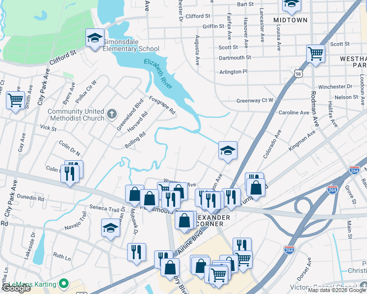 map of restaurants, bars, coffee shops, grocery stores, and more near 1 California Avenue in Portsmouth