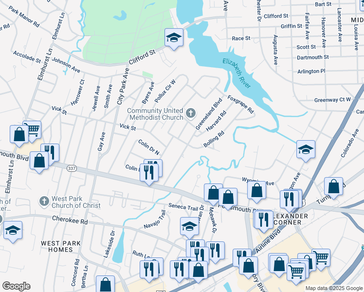 map of restaurants, bars, coffee shops, grocery stores, and more near 34 Bolling Road in Portsmouth