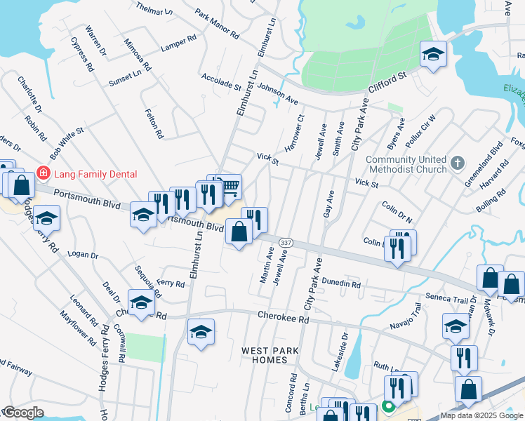 map of restaurants, bars, coffee shops, grocery stores, and more near 10 Roberts Court East in Portsmouth