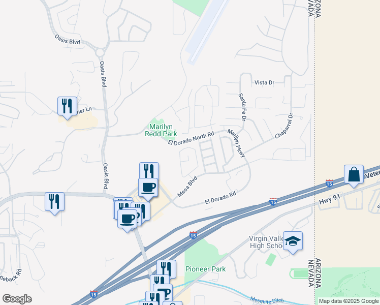map of restaurants, bars, coffee shops, grocery stores, and more near 433 Mesa Boulevard in Mesquite