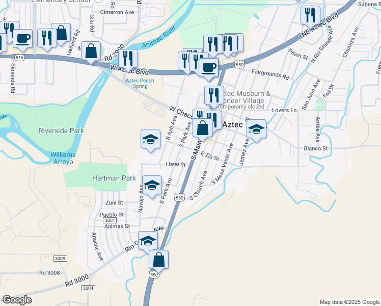 map of restaurants, bars, coffee shops, grocery stores, and more near 301 South Main Avenue in Aztec