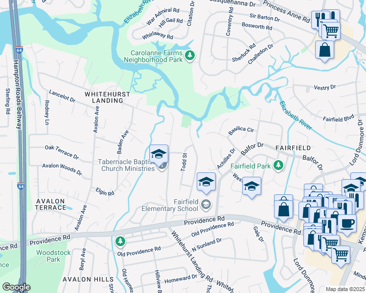 map of restaurants, bars, coffee shops, grocery stores, and more near 5424 Todd Street in Virginia Beach